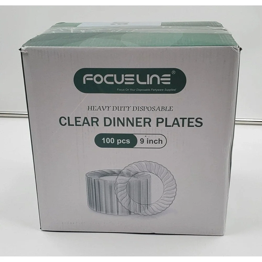 FOCUSLINE 100 Count Clear Plastic Plates 9 Inch, Disposable Heavy Duty Dinner...